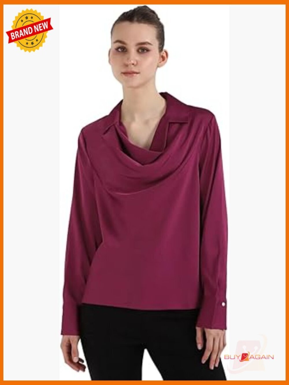 Long Sleeve Drape Neck Blouse Regular Fit Polyester Work Casual